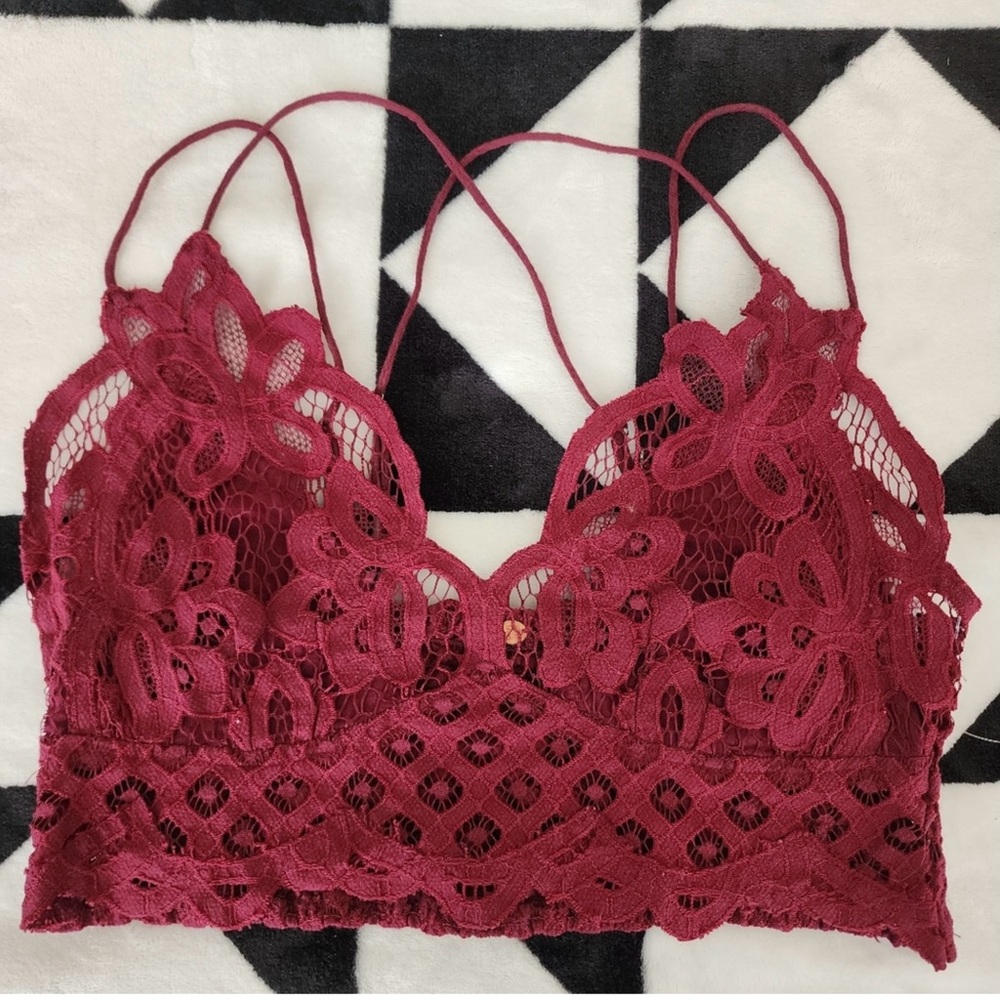 Free People Adella Crochet Lace Bralette Crop Top Burgundy NWOT Size Large